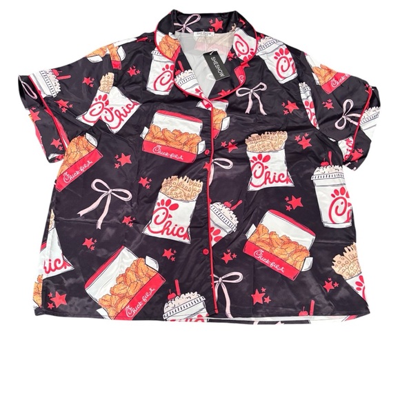 Chick-fil-A Pajama Set SheShow Satin Button Down 2 Piece Rare Print Lounge Set 🍟 - Picture 2 of 3